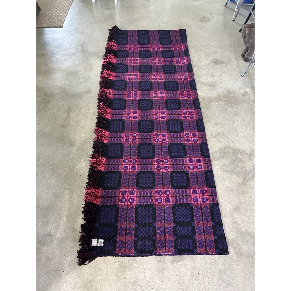 Vintage Welsh Wool reversible Tapestry Blanket Throw -Purple Green -90"×70"